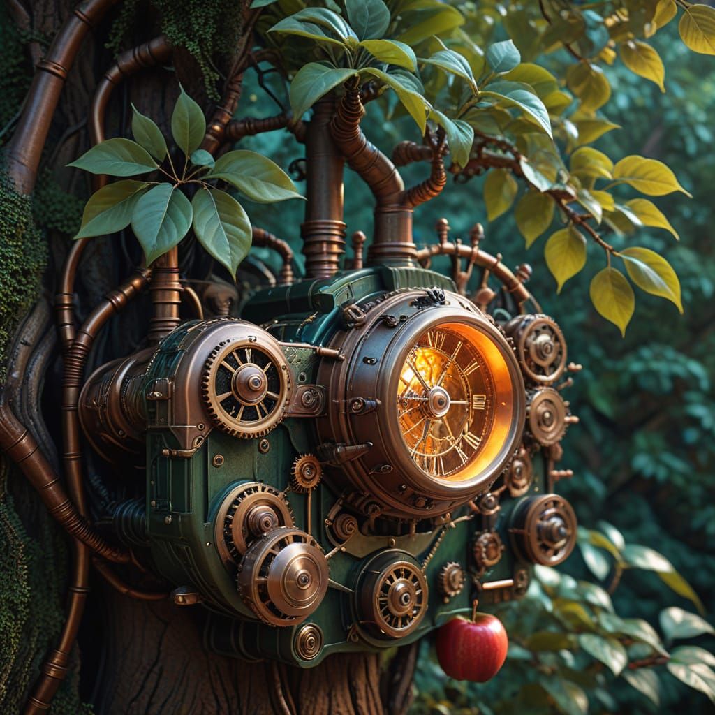 Steampunk Apple Tree Engine in Lush Greenery