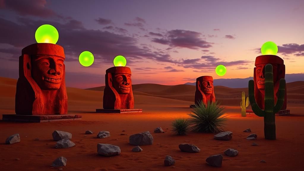 Olmec Sculptures in Desert with Glowing Orbs