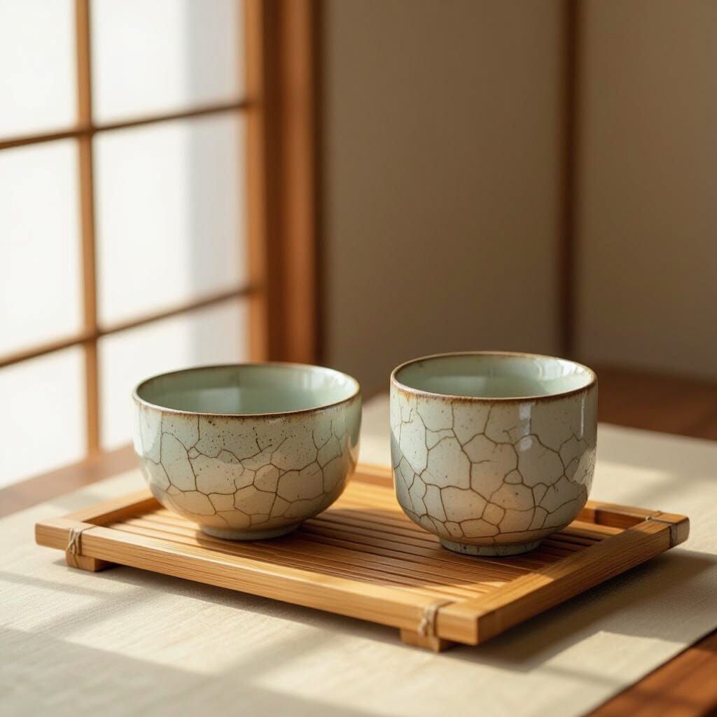 Wabi-Sabi Still Life with Ceramic Bowl and Bamboo Tray