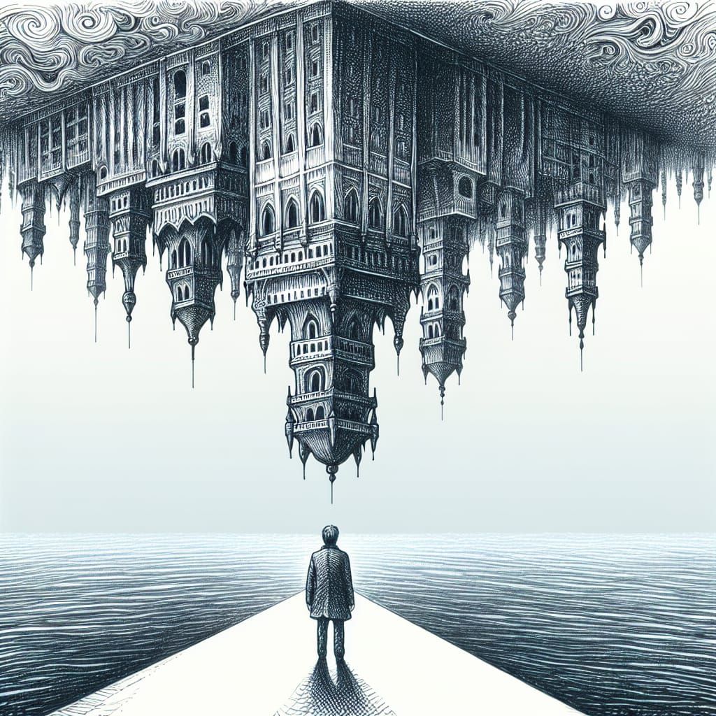 Surreal Upside-Down Castle Ink Drawing of Solitary Man