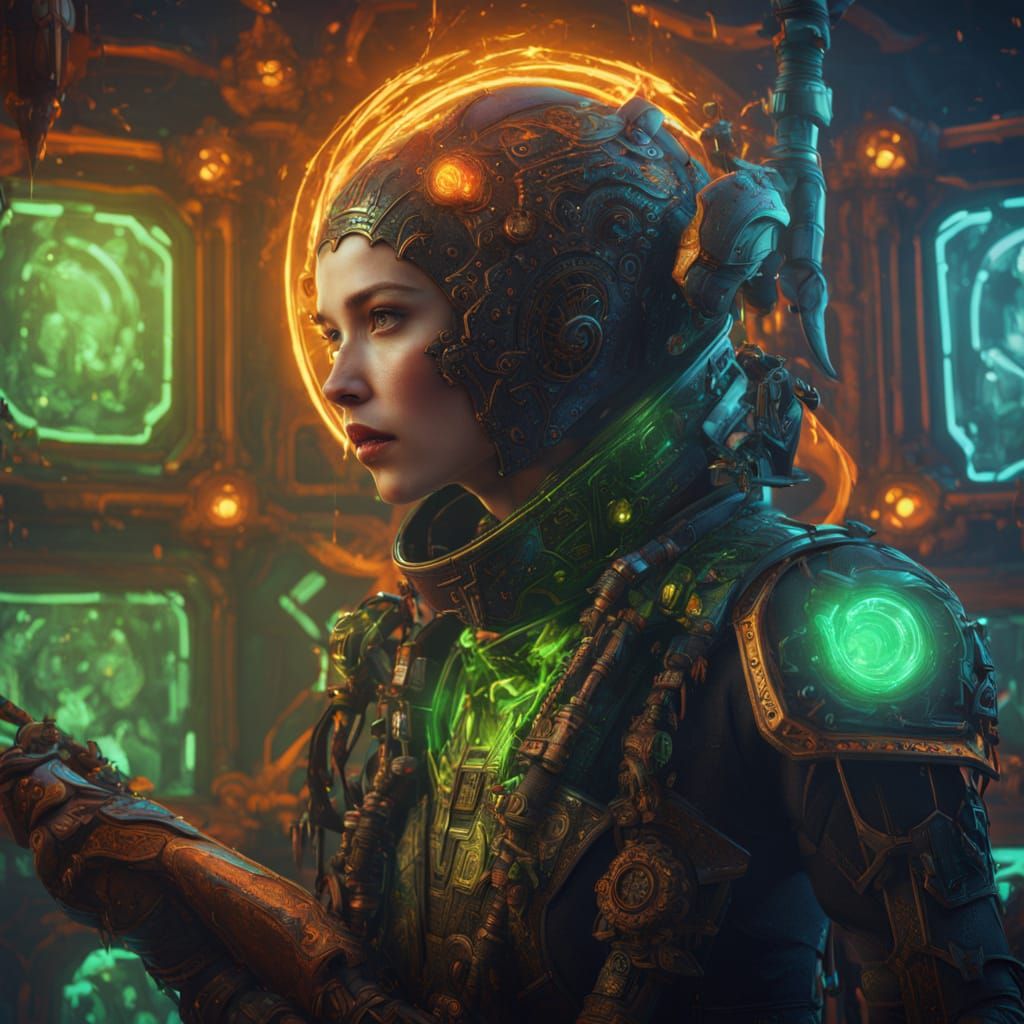 Vampire Mechanic Repairs Rocket in Neon Spaceport