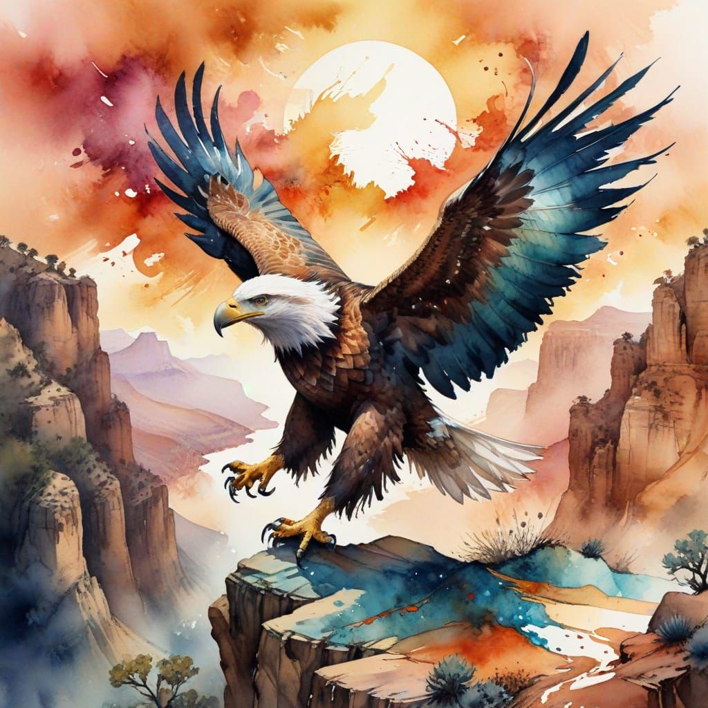 Surreal Sunset Eagle Soars Over a Serene Canyon Landscape in...