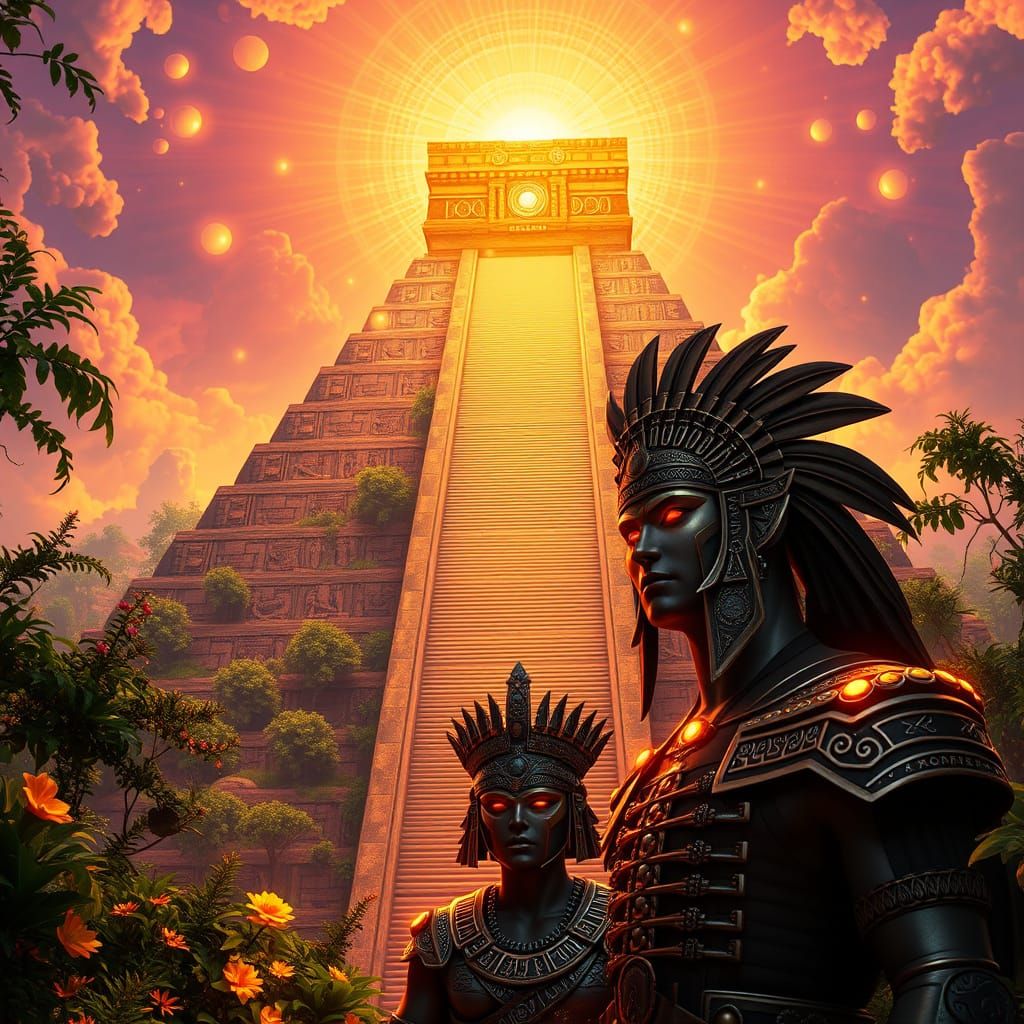 Majestic Aztec Pyramid Erupts from Jungle in Vibrant, Irides...