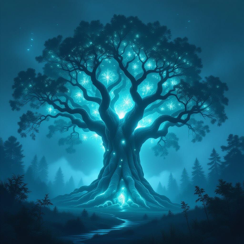 Bioluminescent Tree in Misty Forest, Digital Painting