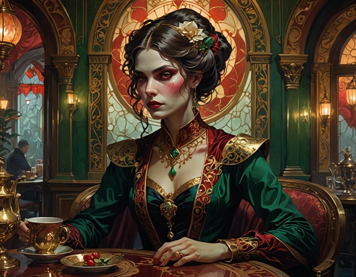 Vampire in Opulent Tea Room: Art Nouveau Portrait
