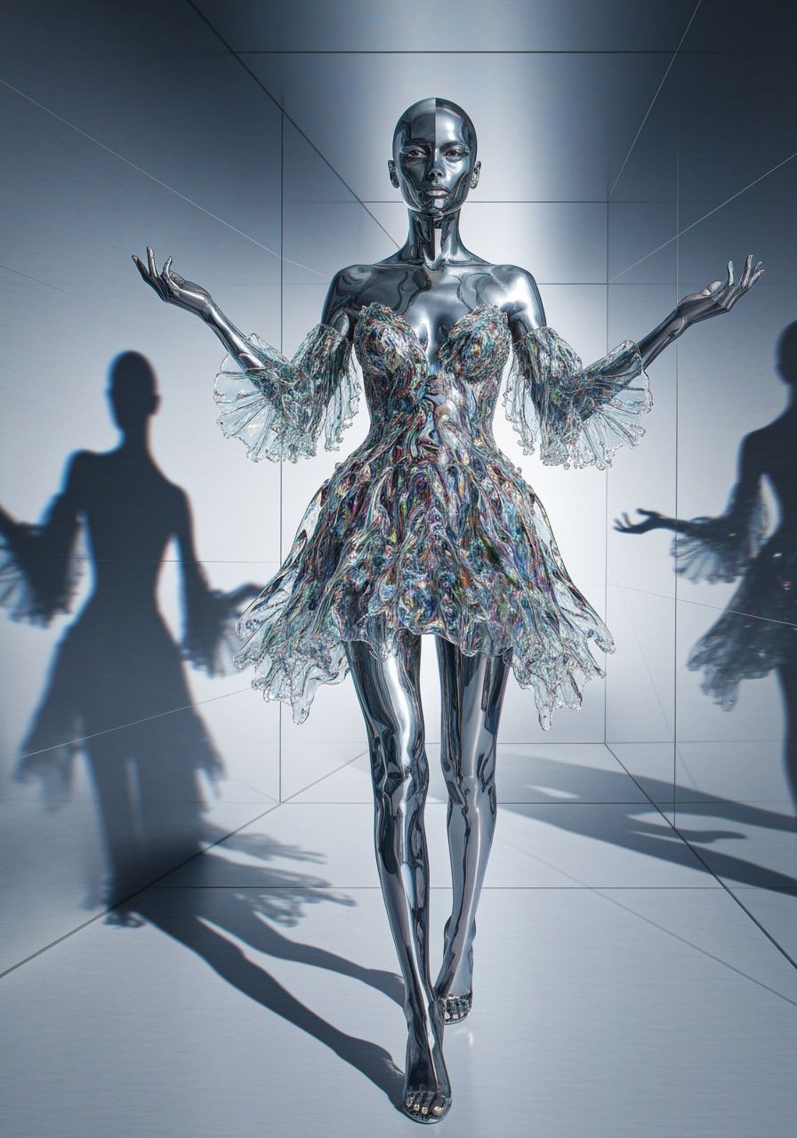 Futuristic Model in Shifting Liquid Glass Dress
