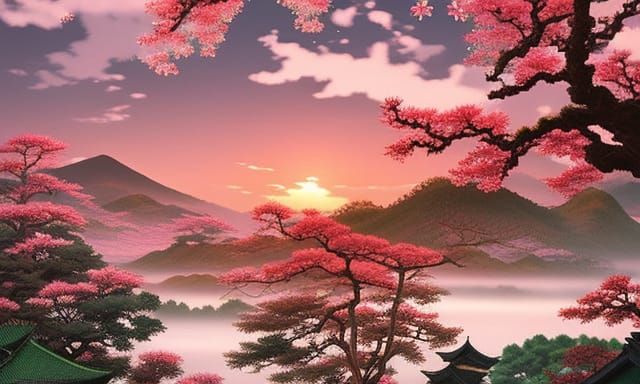 Japanese Village Sunrise: Digital Matte Painting