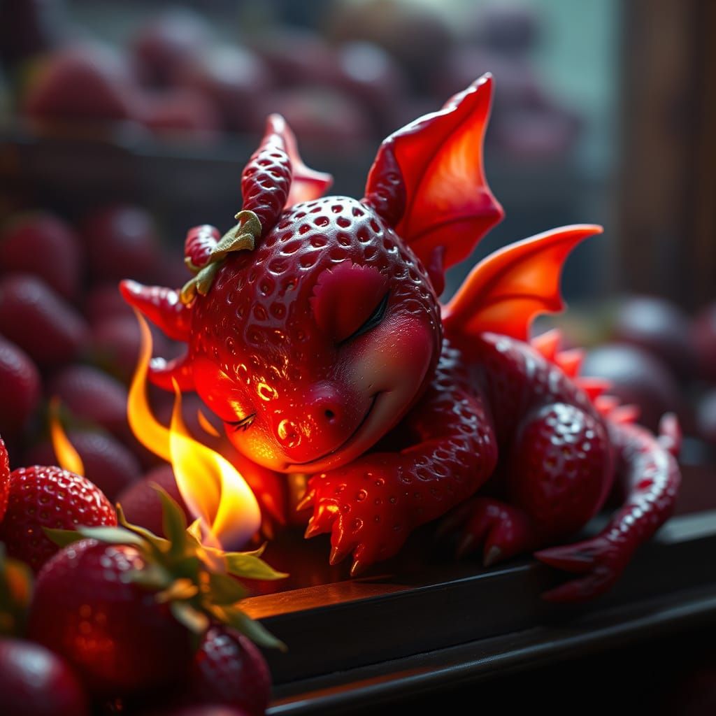 Whimsical Strawberry Dragon by the Fire