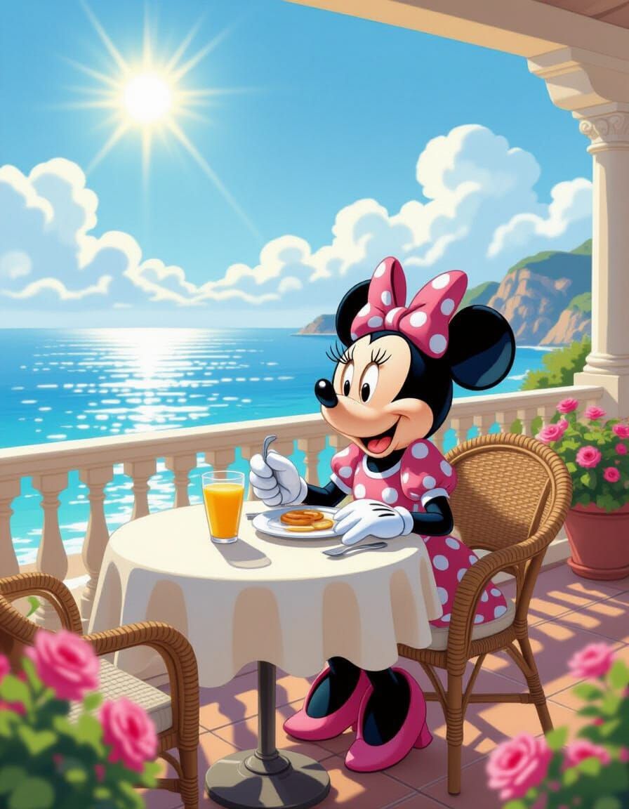 Minnie Mouse Enjoys Breakfast With Ocean View in Comic Style