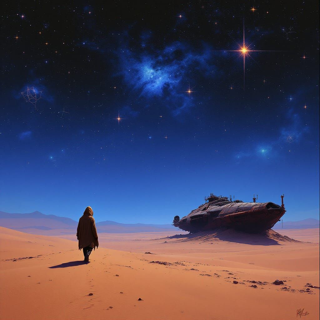 Alien Desert Wanderer Under Starry Sky