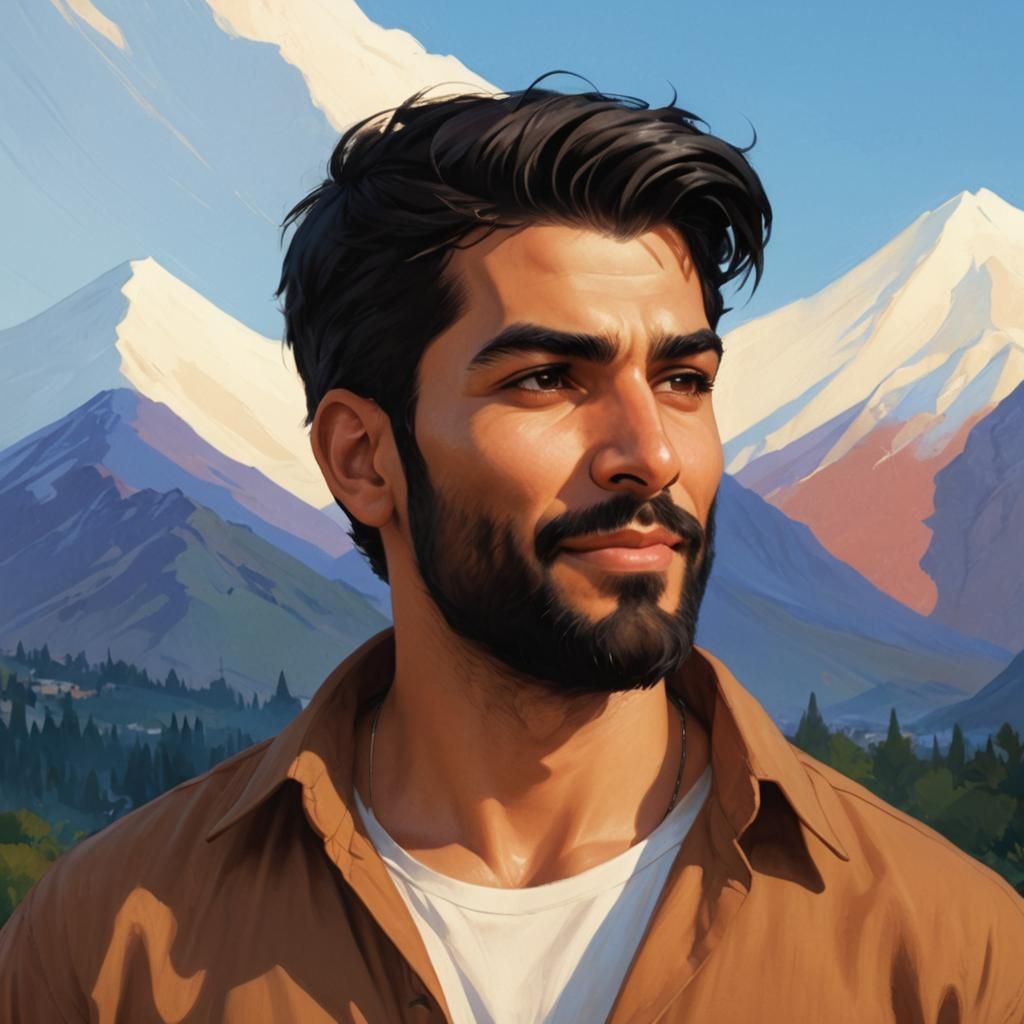 Handsome Man Portrait in Mountains, Hyperdetailed Art
