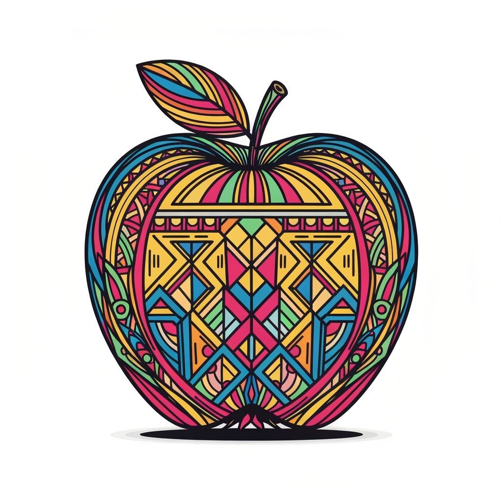 Stylized Apple with Geometric Patterns and Vibrant Colors