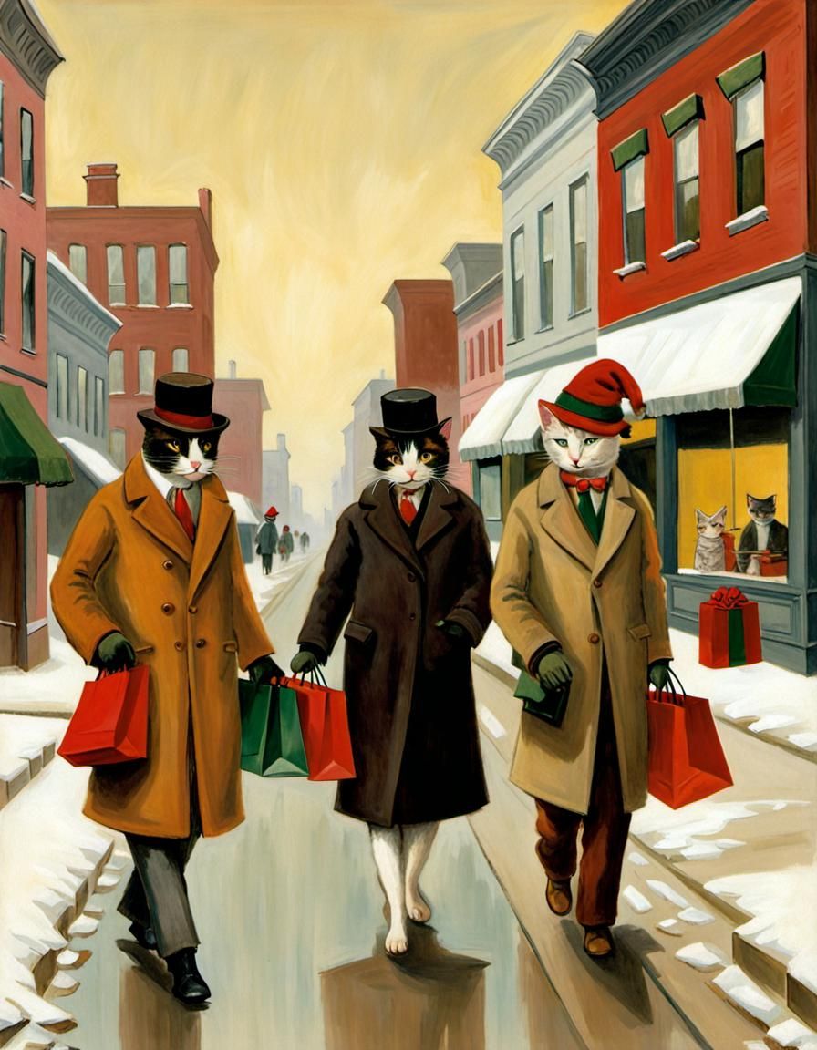 Cats Christmas Shopping in 1920s Style, Hopper-esque