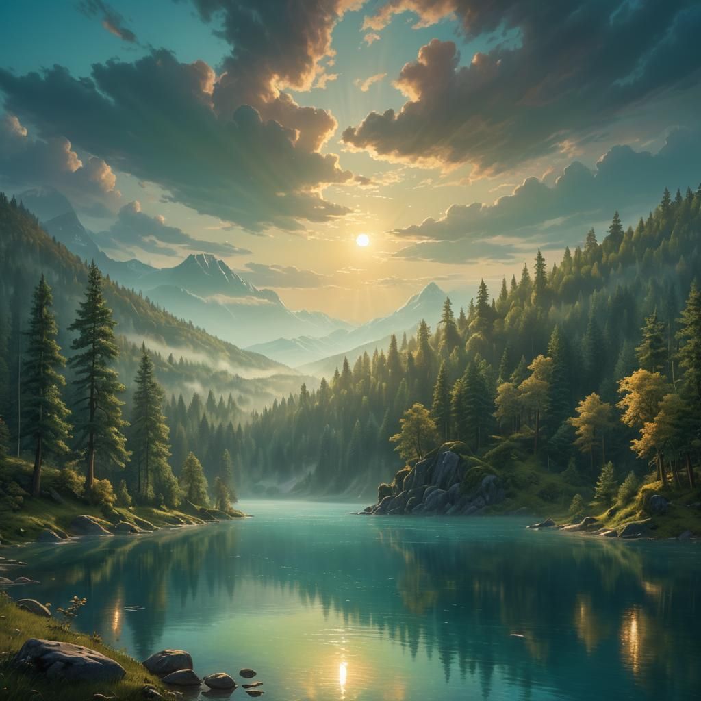 Heart-Shaped Lake Sunset: Digital Matte Painting