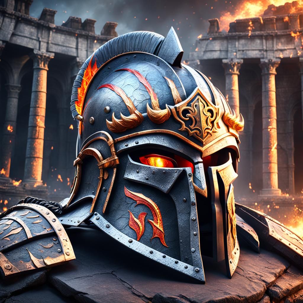 Flaming Battle Helmet on Colosseum Slate
