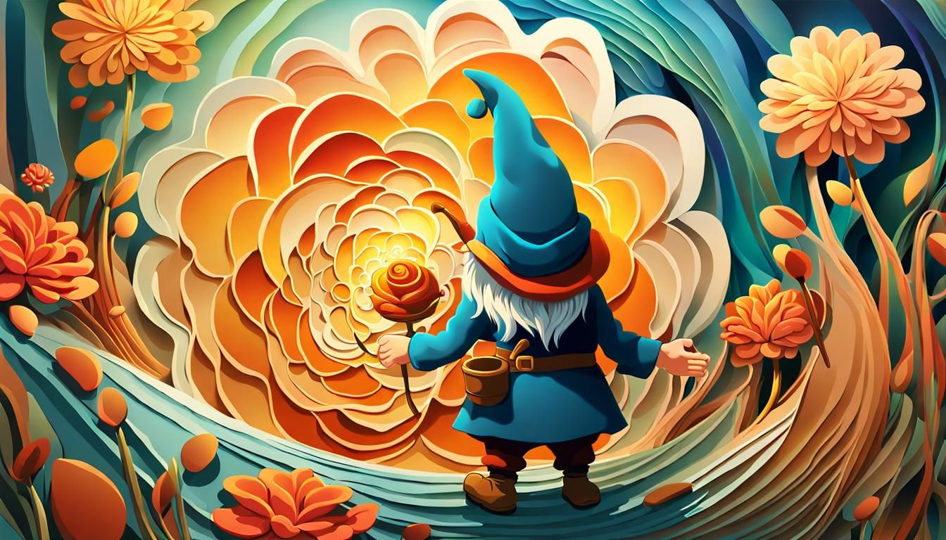 Gnome in Mystical Garden: Surrealist Vector Art