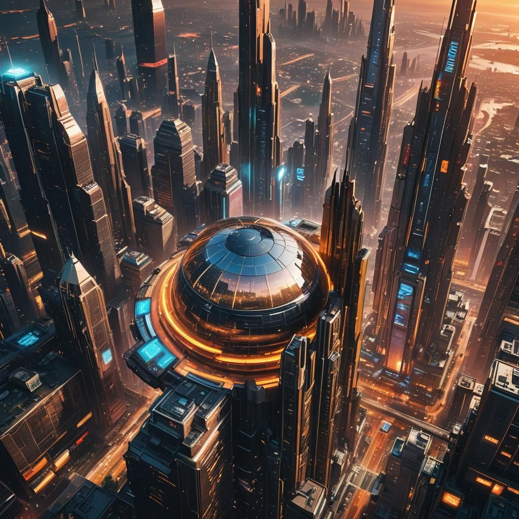 Futuristic Cityscape Orbiting Planet in Golden Light