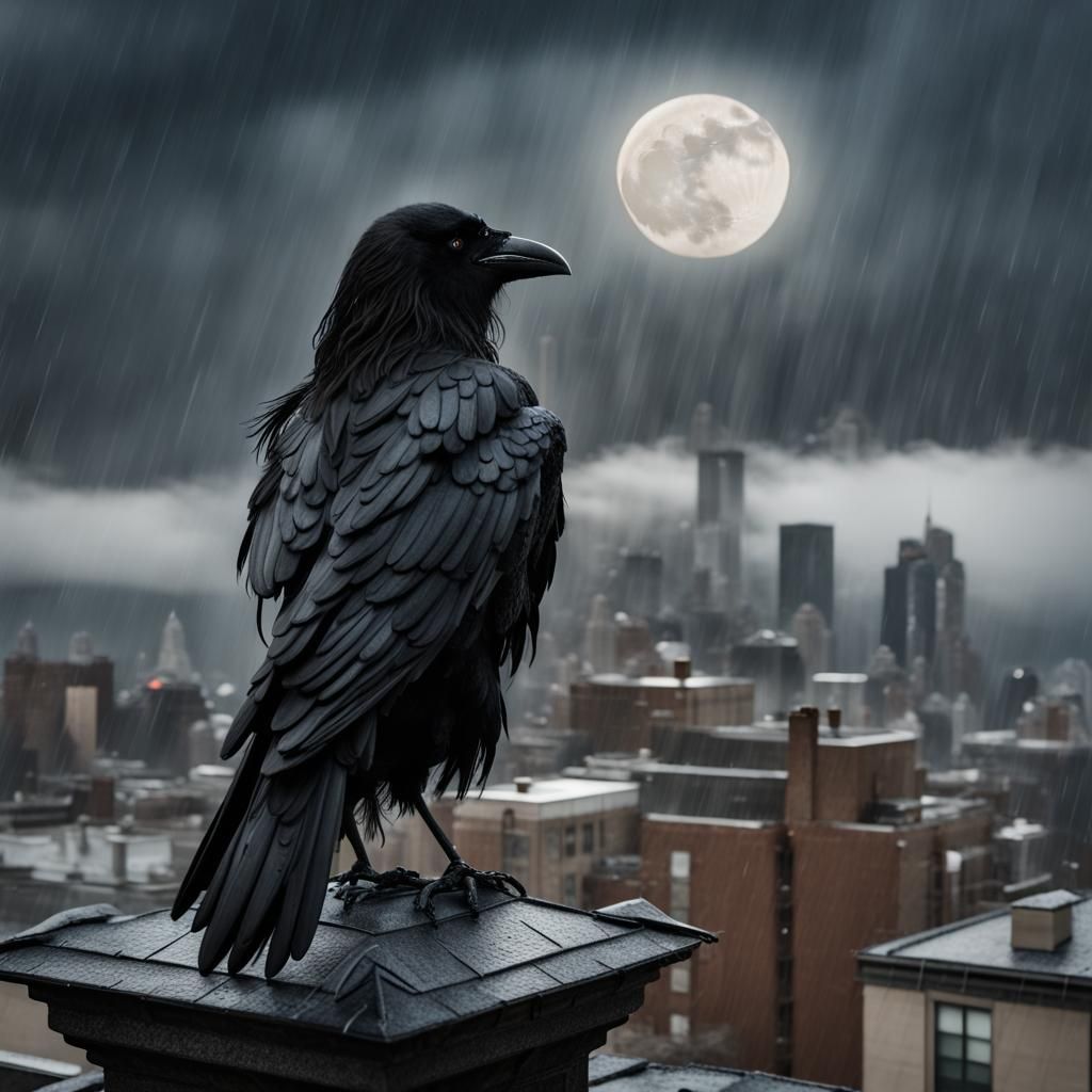 Eric Draven, The Crow, Seattle City Rooftops, Gothic Architecture, Moon Obscured by Clouds, Raining Hyperrealistic, intr...