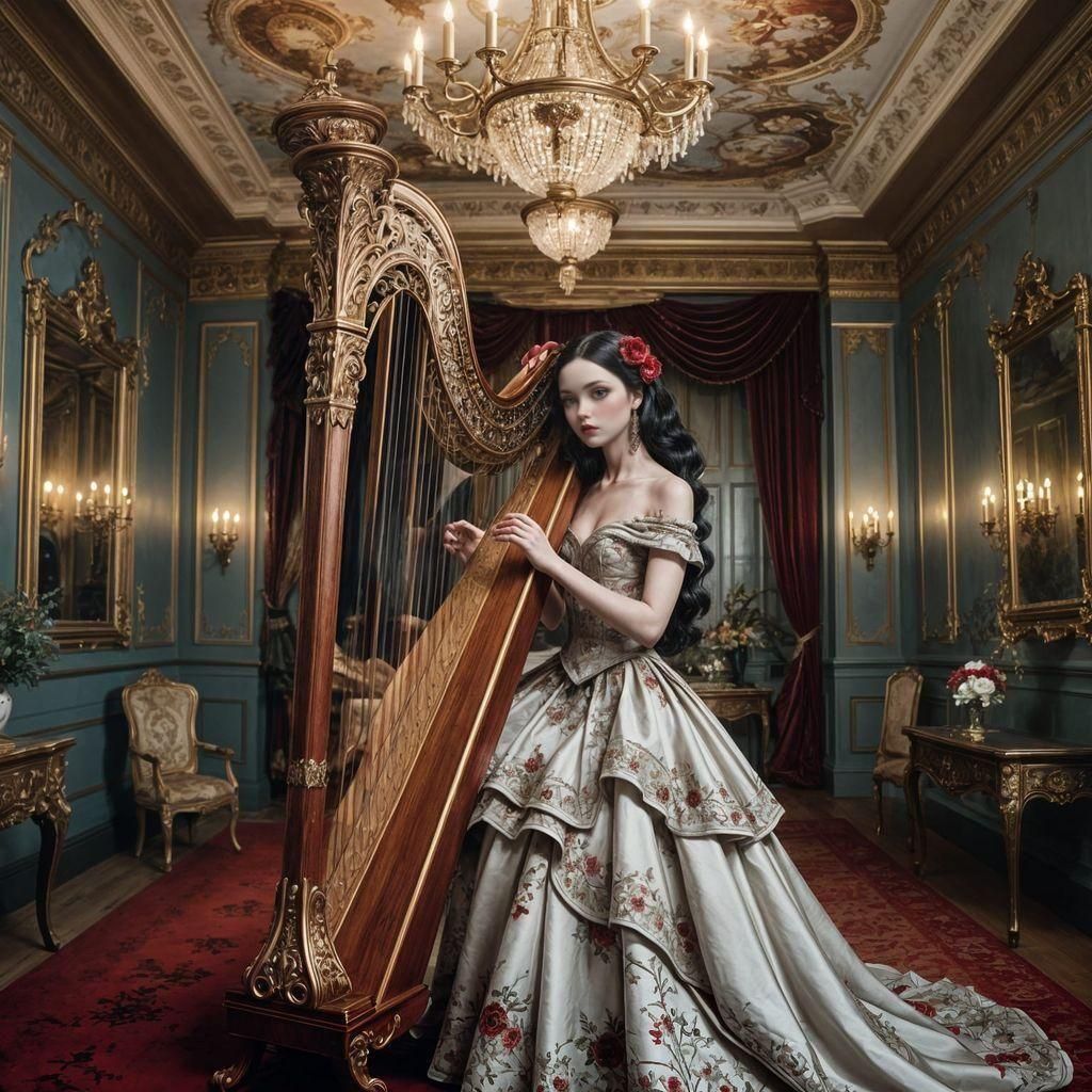 Girl Plays Harp in Opulent Room, Inspired by Surrealist Pop ...