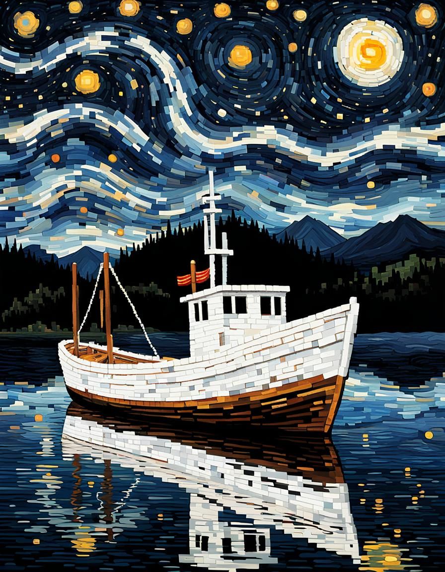 Pixelated Boat on Starry Night Sky: Pixel Art