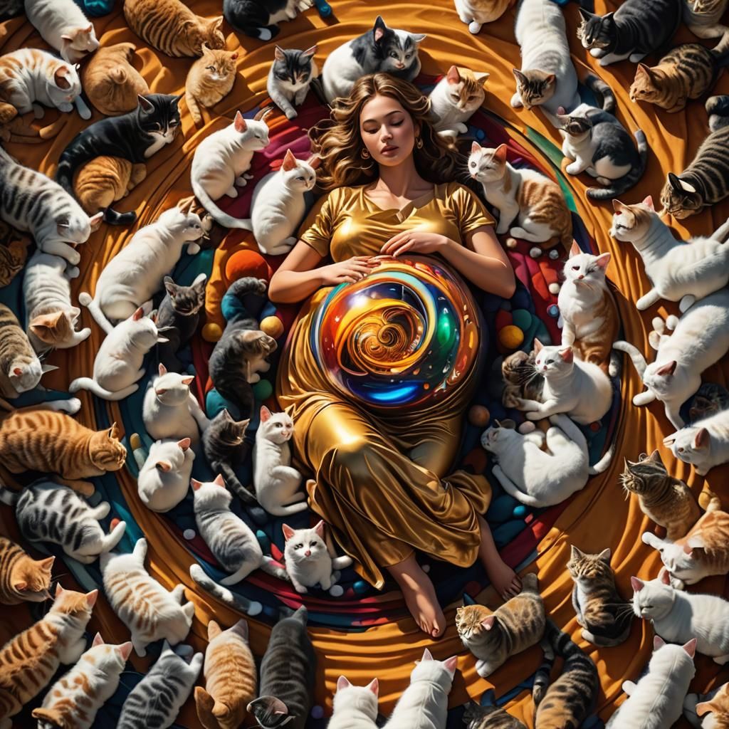 Woman with Spiraling Orb and Cats: 3D Art