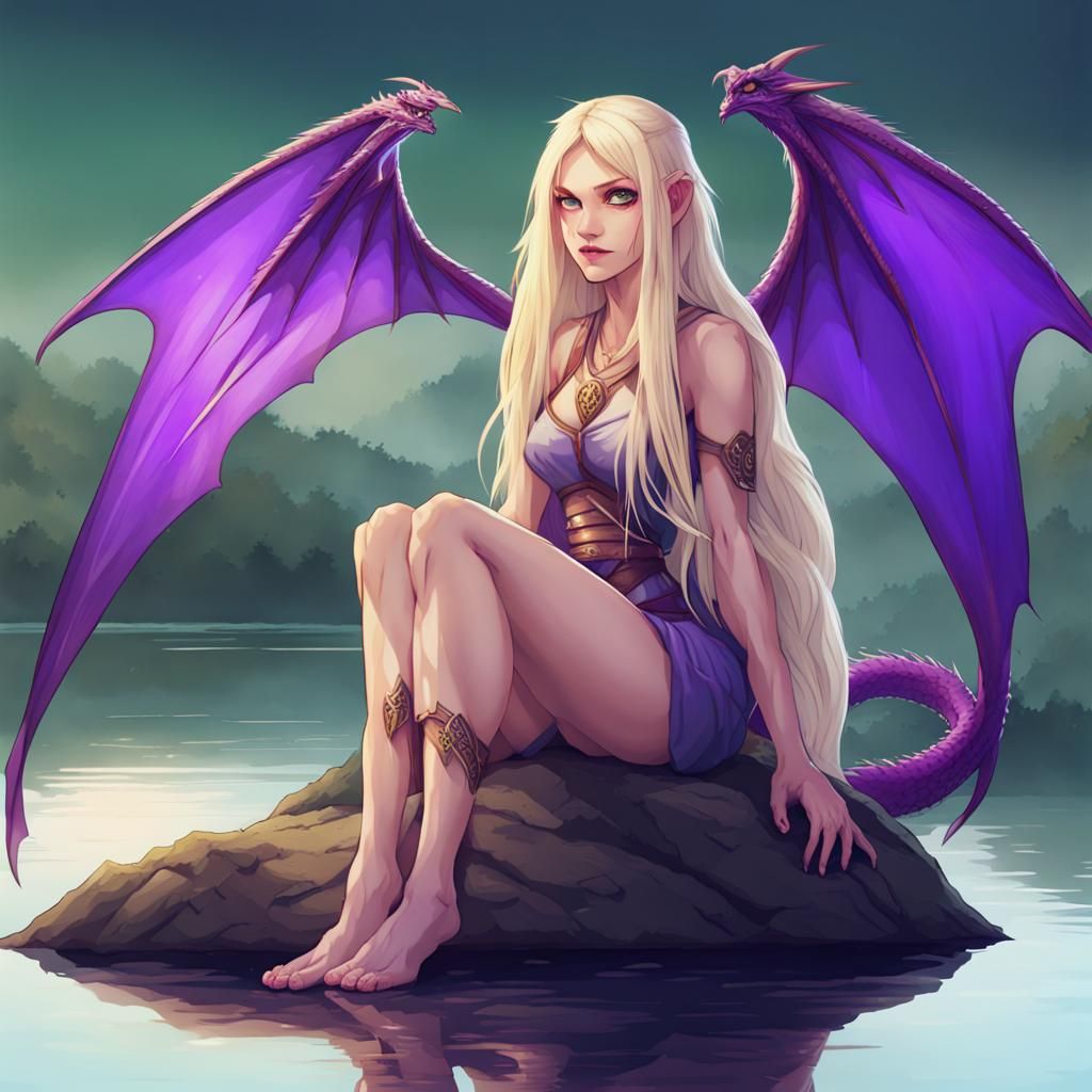 Blonde Sprite with Dragon Wings Near Lake