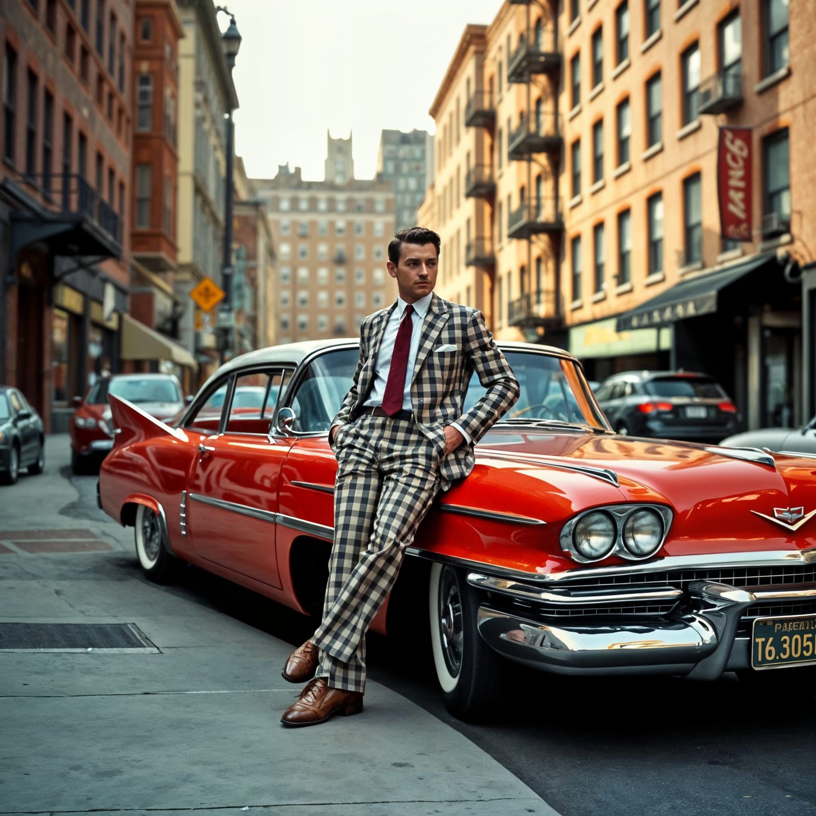 Man in Checkered Suit Leaning on Cadillac, Rockwell Style