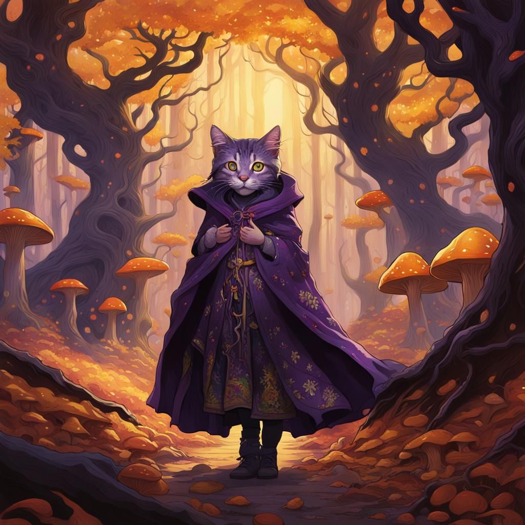 Girl Rides Kitty Through Enchanted Autumn Forest