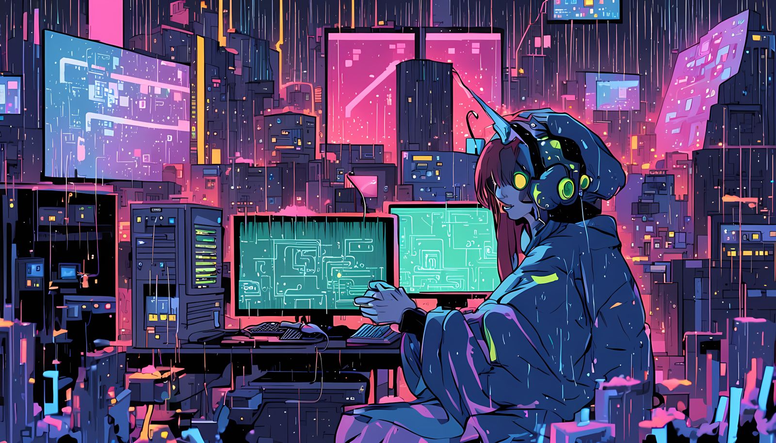 Cyberpunk Hacker Girl in Neon-Lit Chaos