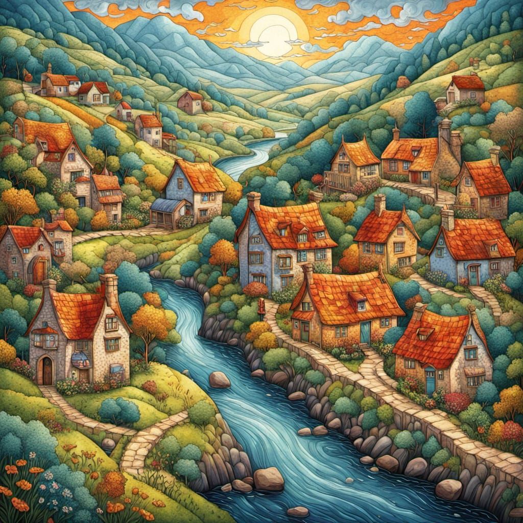 Whimsical Village Illustration in 3D Quilted Patchwork Style