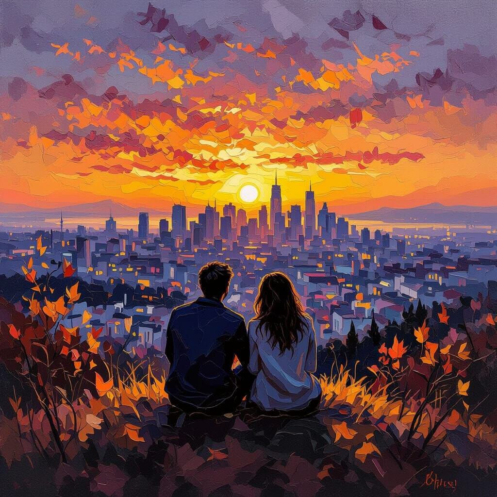 Couple Overlooking City as Impasto Oil Painting