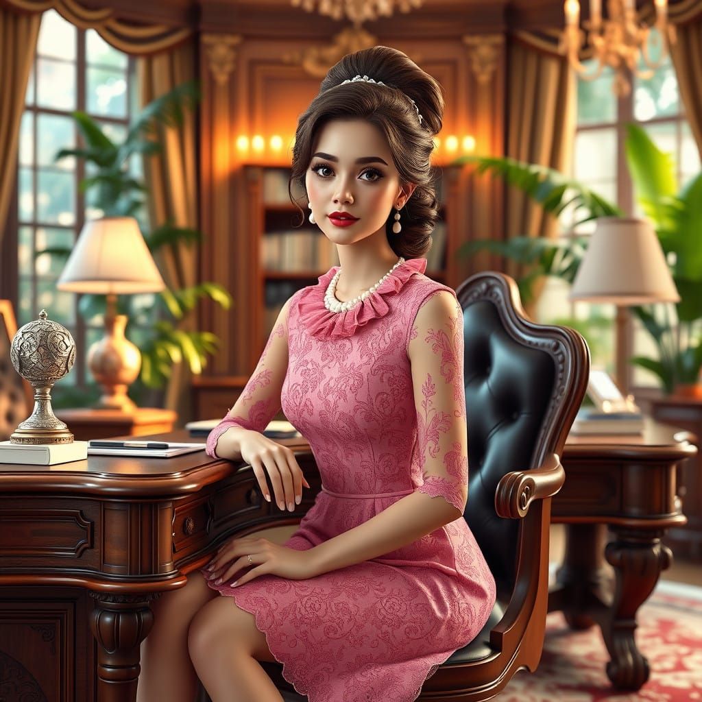 Surreal, Whimsical Portrait of a Young Woman in a Lavish Off...