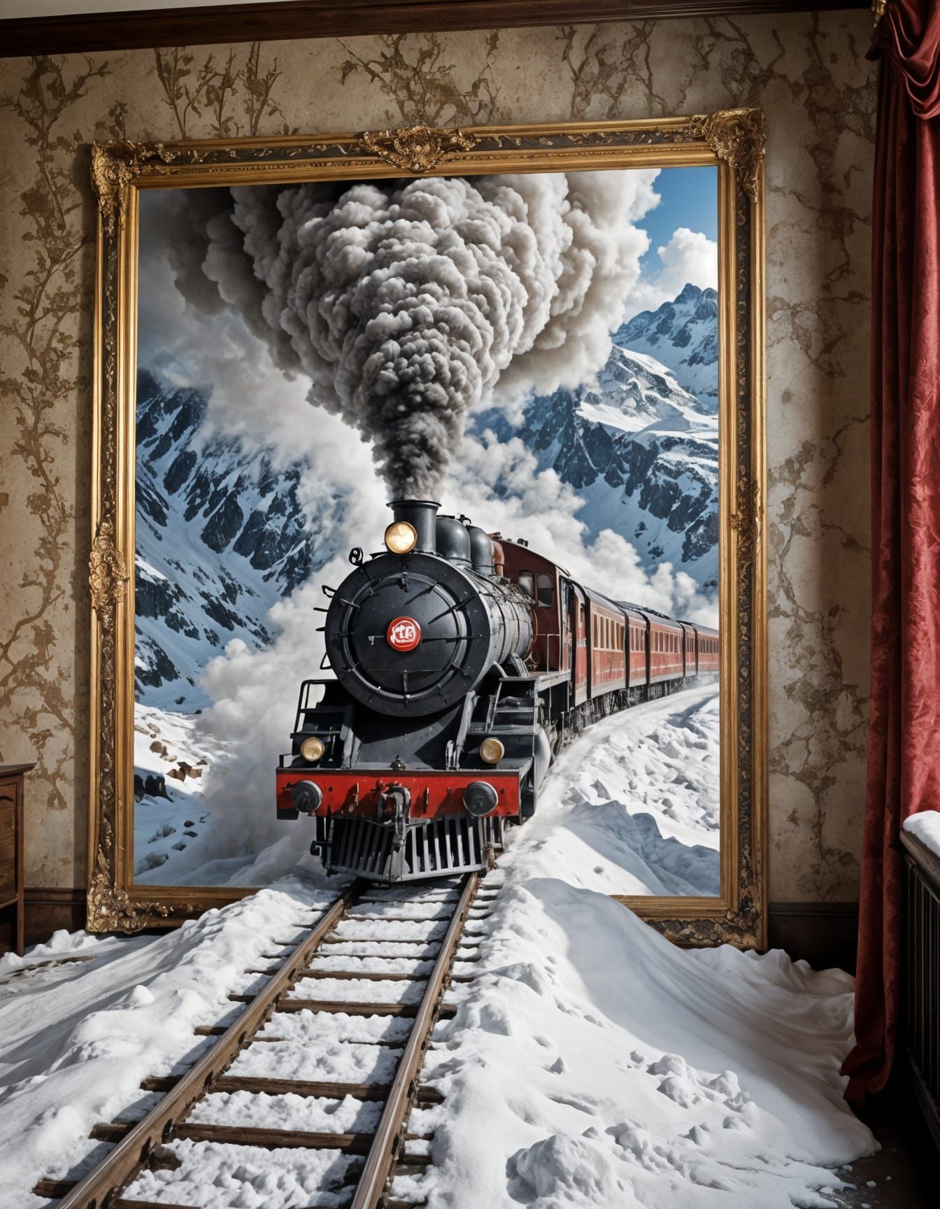 Realistic 3D Steam Train Emerges from Wall Art