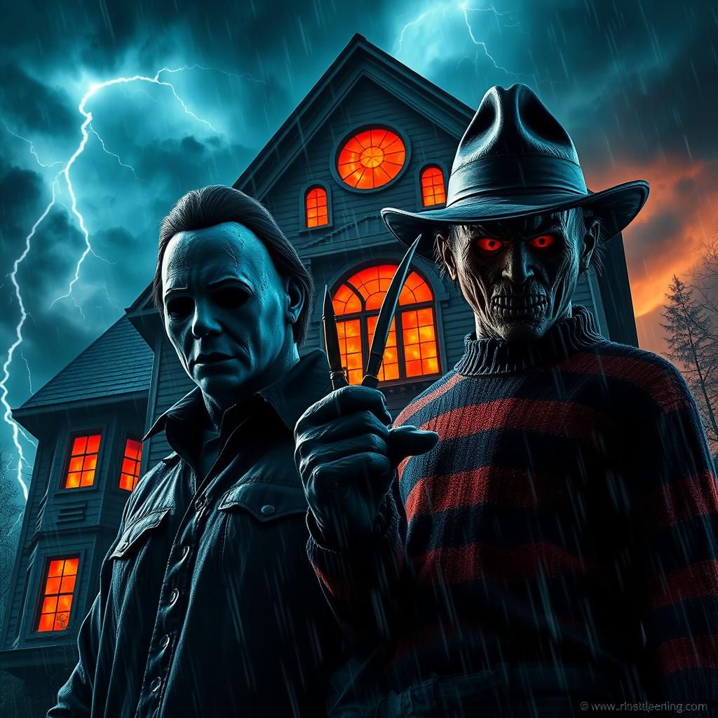 “On a stormy night, Michael Myers and Freddy Krueger stand o...