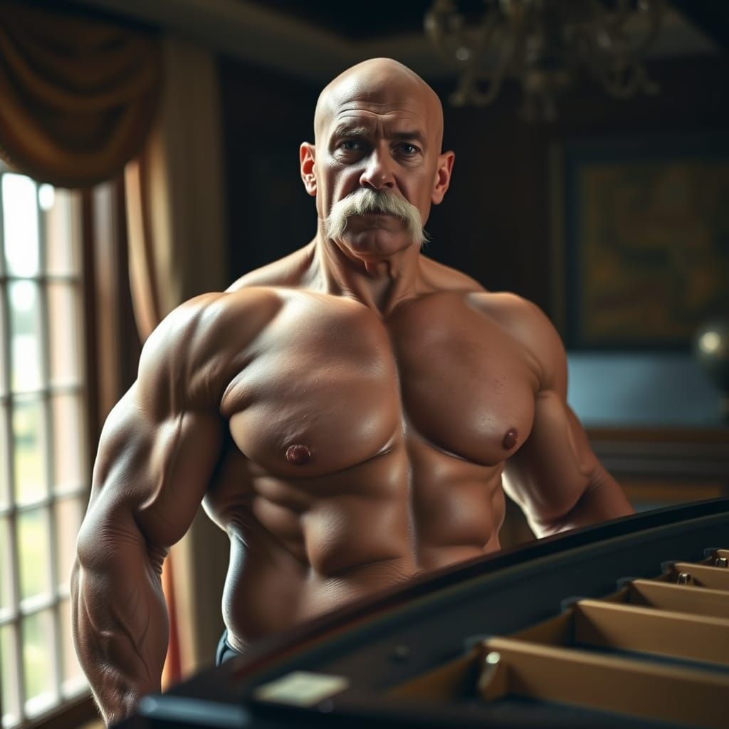 Hyperrealistic Image of a Super Strong Man Lifting Piano