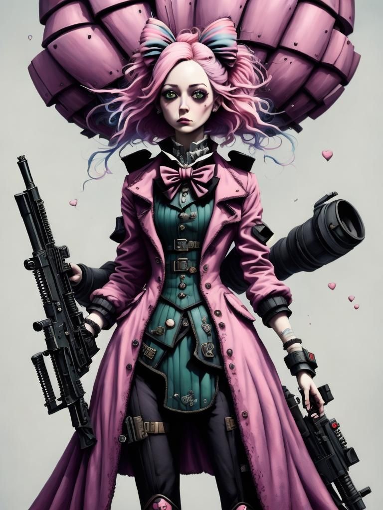 Whimsical Girl with Machine Gun, Detailed Matte Painting