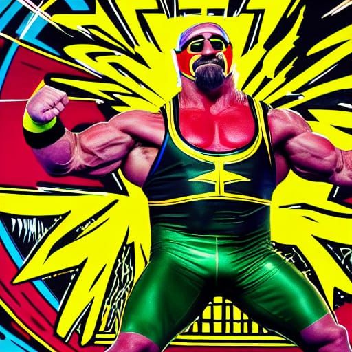 Wrestling Champion Flexing in Comic Book Style