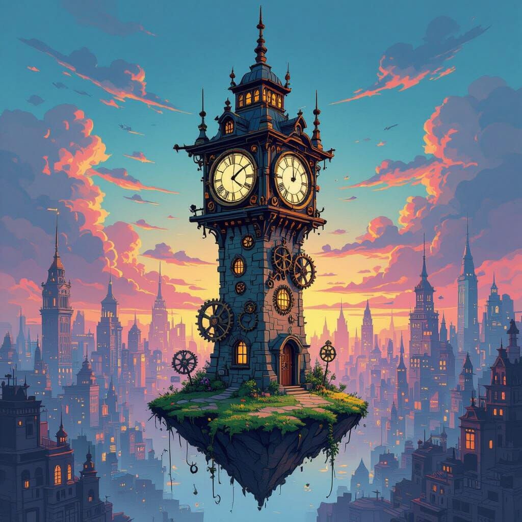 Whimsical Clock Tower on Floating Island