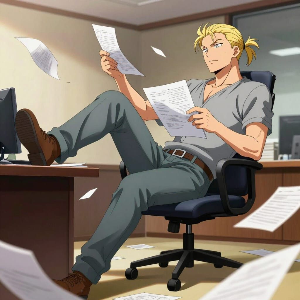 Athletic Man Goofing Off in Office, Anime Style