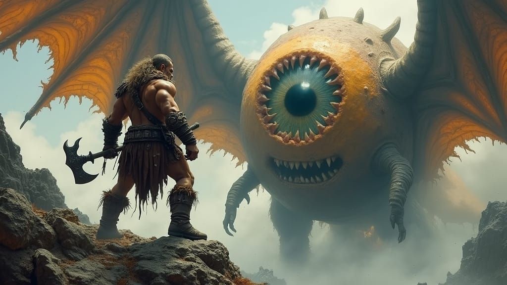 Gritty Barbarian Warrior Defies Malevolent Eyeball