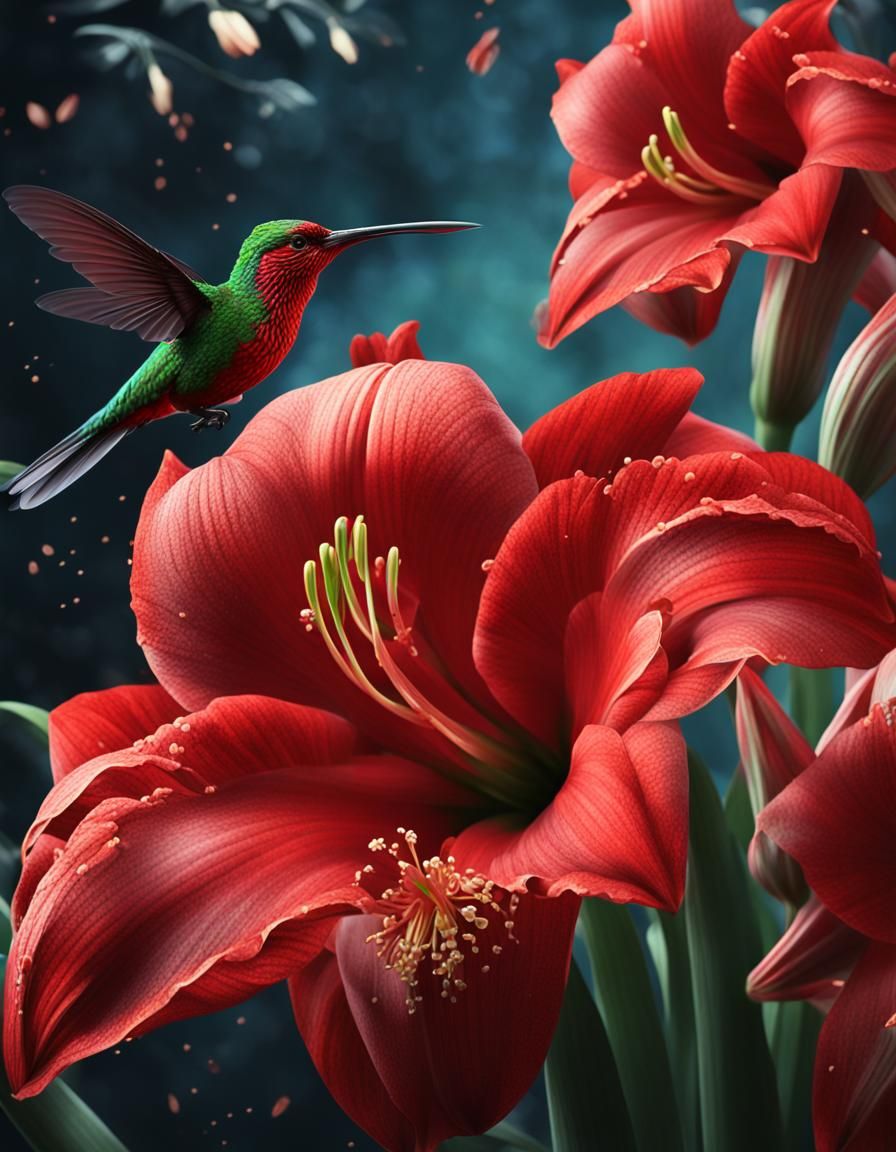 Amaryllis and Hummingbird in Detailed Matte Painting