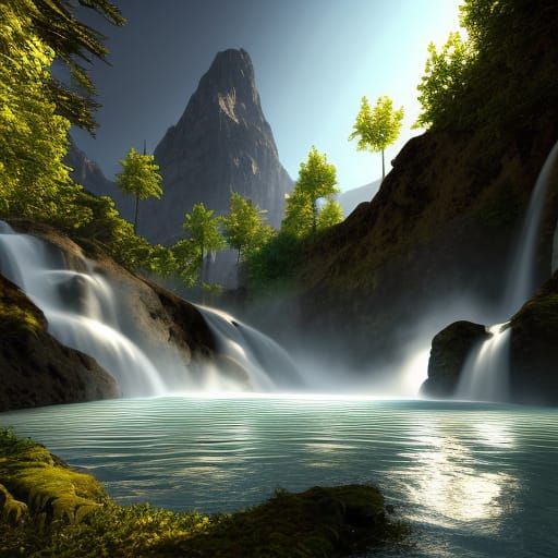 Hyperrealistic Waterfall in Mountain Landscape