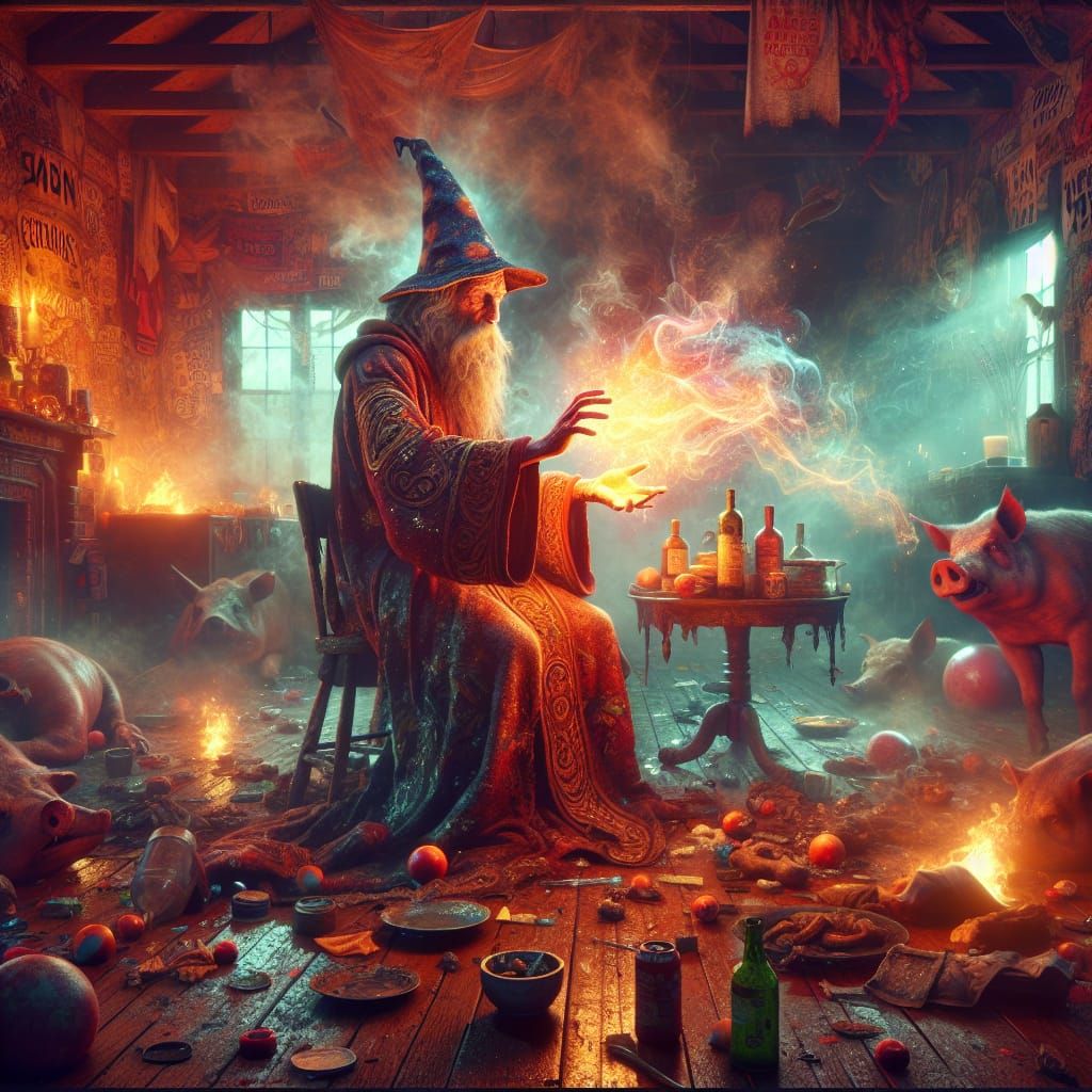 Wizard's Spell at Frat Party in Matte Painting Style