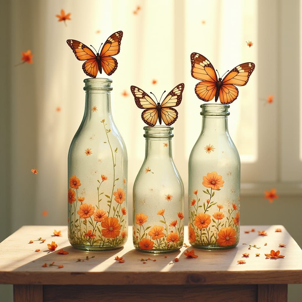 Butterfly Milk Bottles: Impressionistic Watercolor Still Lif...