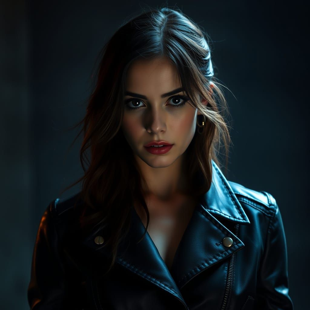 Moody Portrait of a Woman in Black Leather Coat