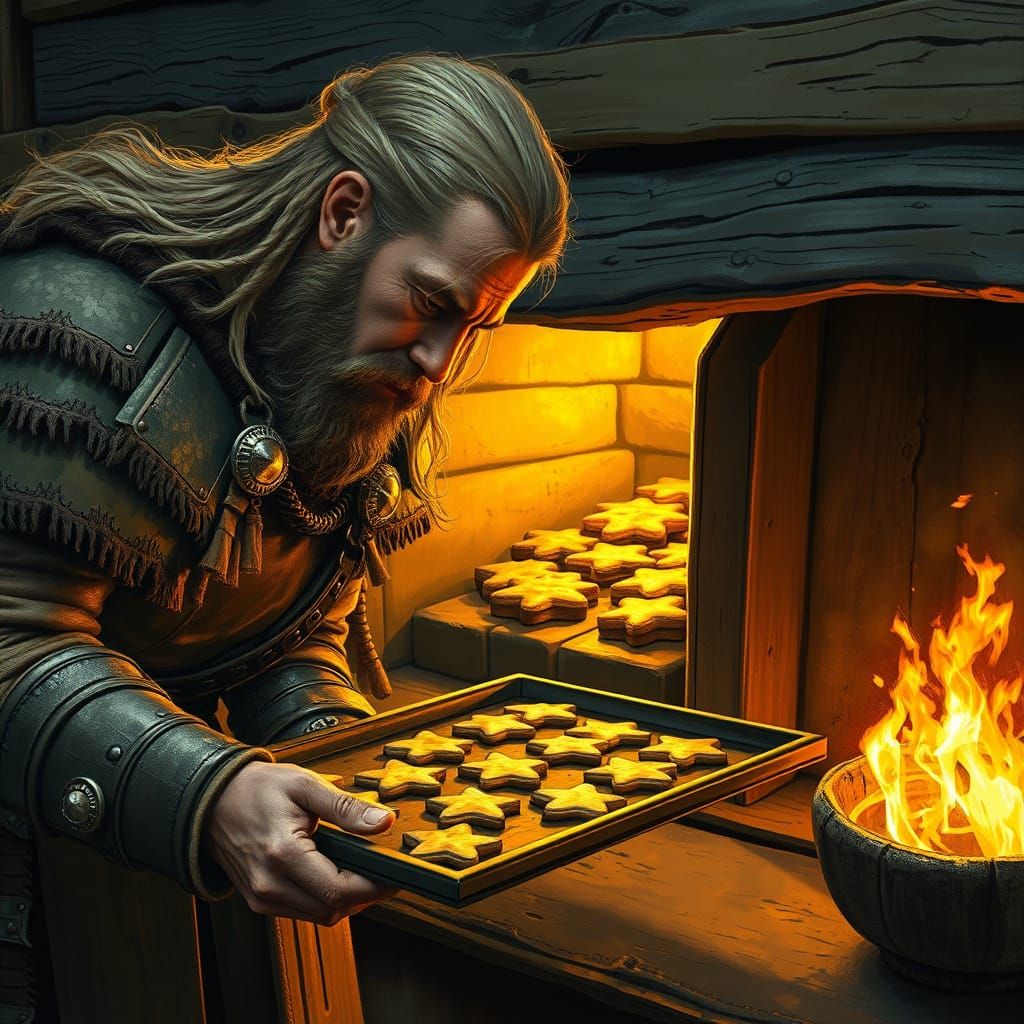 Viking Warrior Bakes Cookies in a Cozy, Golden Light