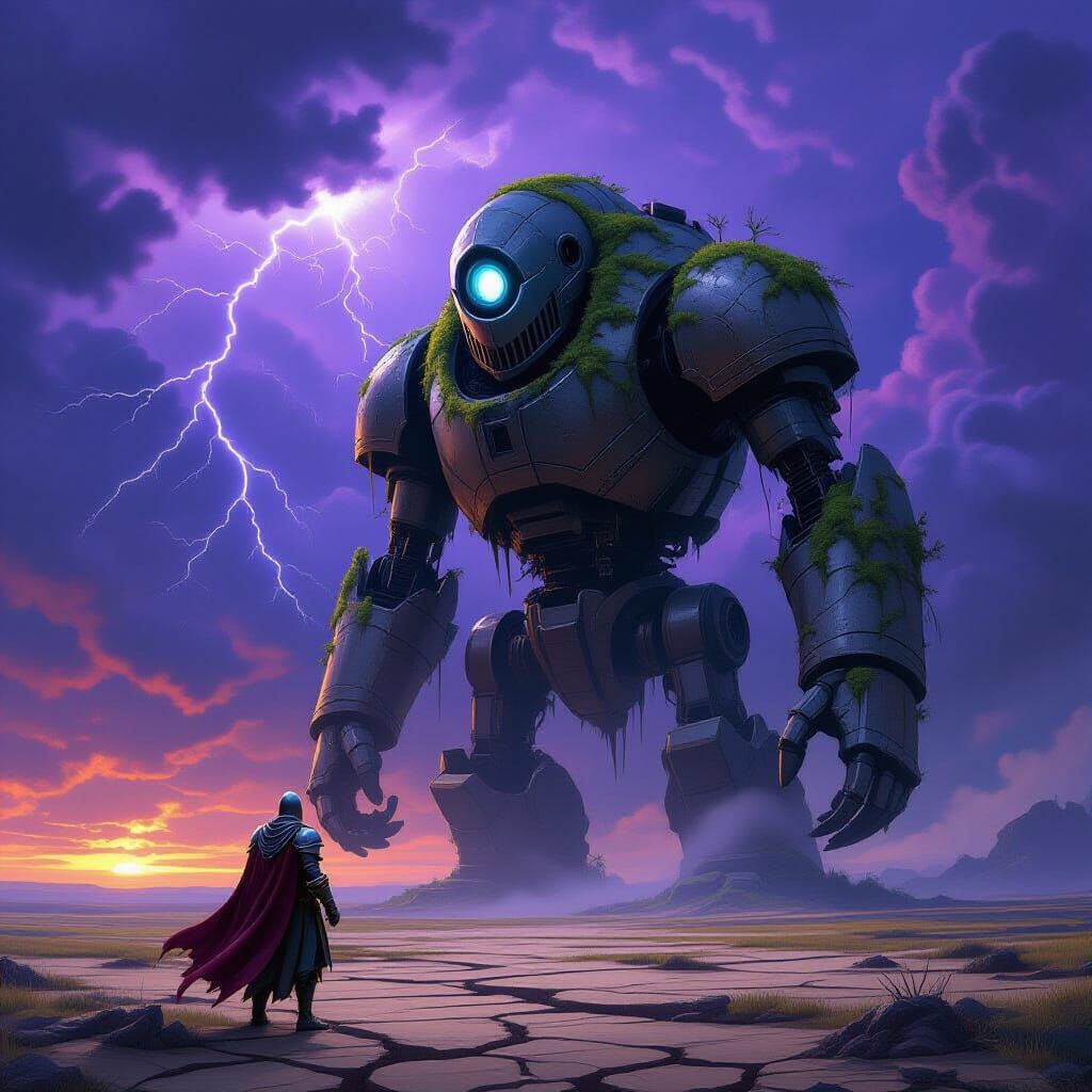 Knight Gazes at Colossal Ancient Automaton on Windswept Plai...