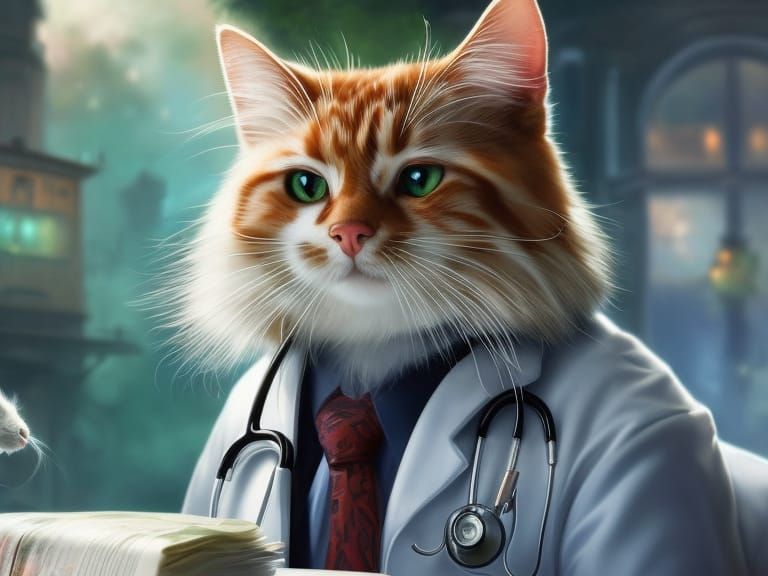 Hyperrealistic Cat Doctor in Ethereal Fantasy Hospital Scene