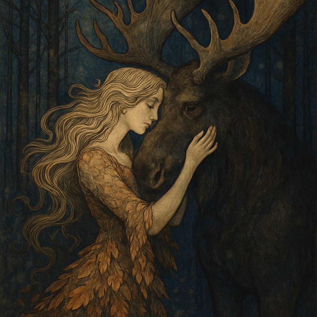 Ethereal Woman Embraces Majestic Moose in Mystical Forest