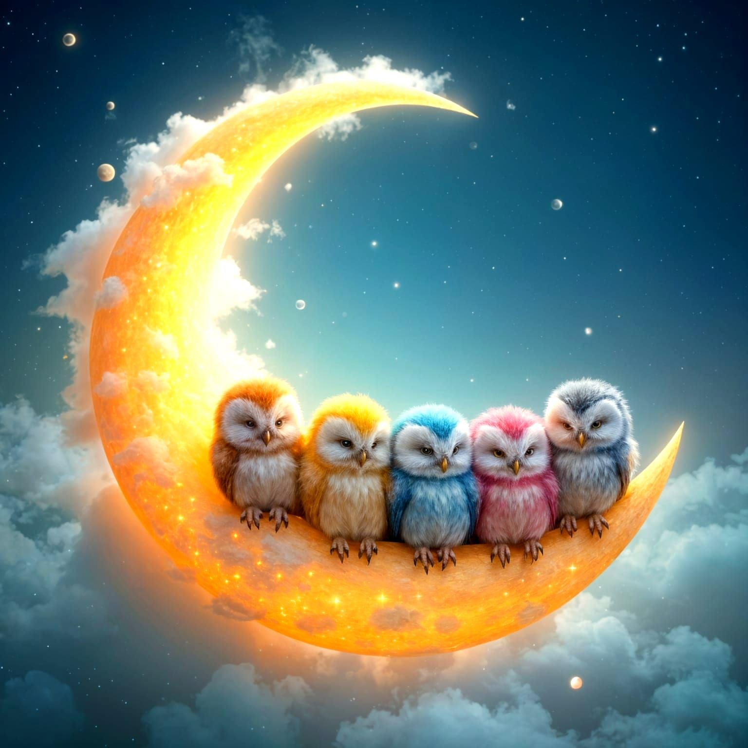 Dreamy Fantasy Scene with Rainbow Baby Owls in a Glowing Moo...